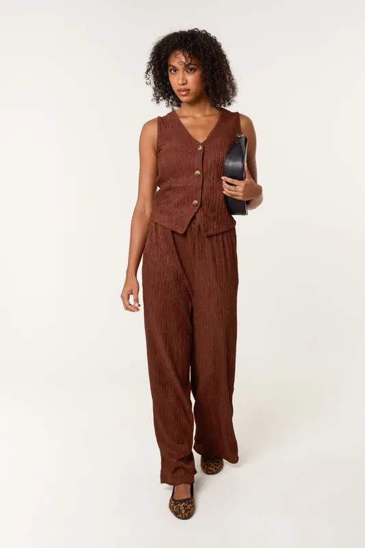 Brown Crinkle Elasticated Waist Wide Leg Trousers - Blue Vanilla