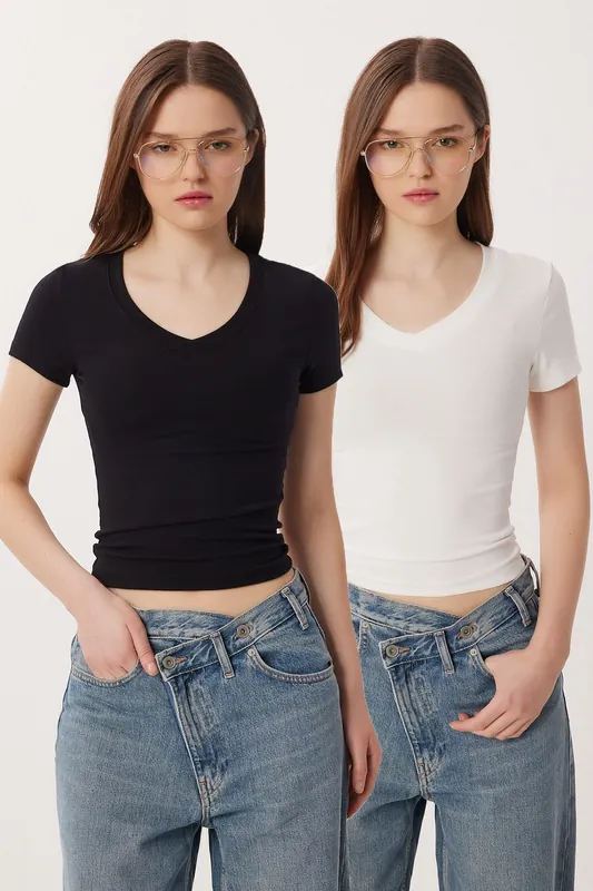 Basic V-Neck Cotton Blend T-Shirt
