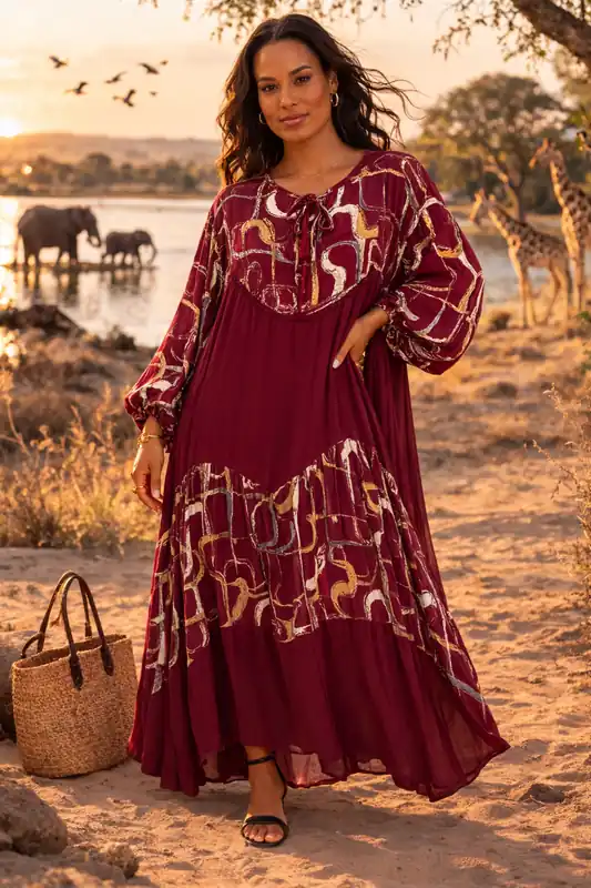 Abstract Panel Maxi Dress in Burgundy - Belissh
