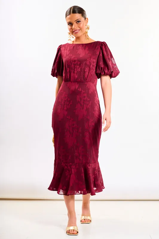 Burgundy Shimmer Puff Sleeve Midi Dress - Needs No Label