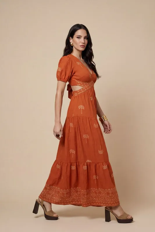 Open Back Tirered Maxi Dress Rust Pattern - Urban Bliss
