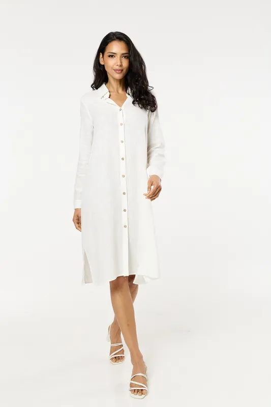 White Linen Blend Midi Dress - Liquorish