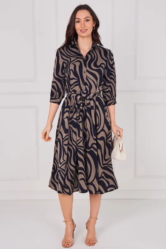 Smoky Olive Swirl Print Half Sleeve Midi Shirt Dress - Love Sunshine