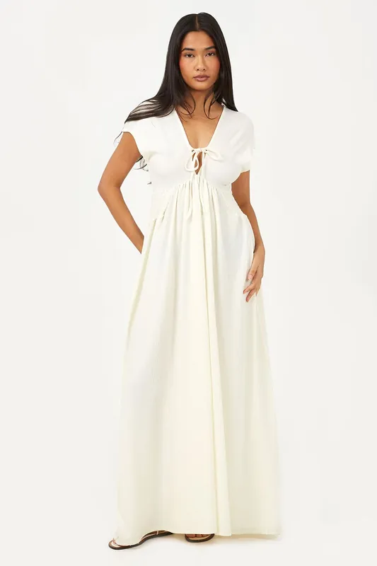Textured Jersey V-Neck Midi Dress With Tie Detail