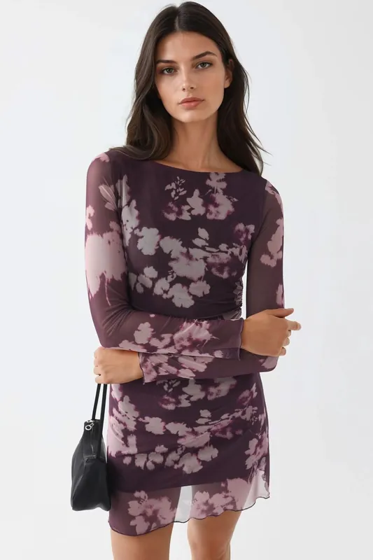 Floral Mini Dress with Long Sleeves - Busem
