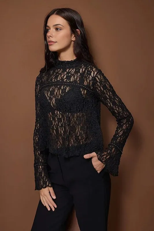 Stretch Lace Knit Blouse with Elegant Accessory Detail - WOVCOR