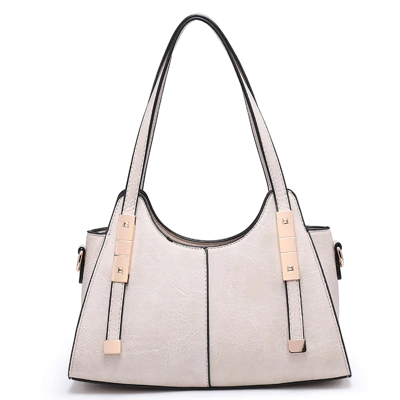 Curved Shoulder Handbag with Top Handle and Gold Accents - Kitise