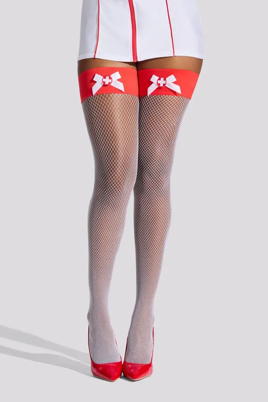 Bridal Nurse Bow Fishnet Hold Ups - Ann Summers