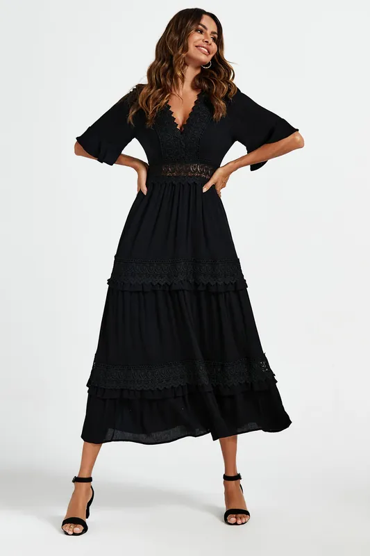 V Neck Lace Detail Maxi Dress In Black - FS Collection