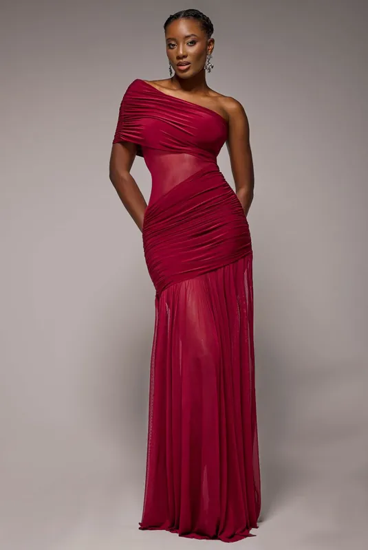 Gathered One Shoulder Sheer Panel Maxi Dress - Goddiva