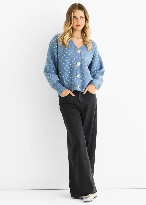Denim Spot Print Button Cardigan Look Jumper - Gini London