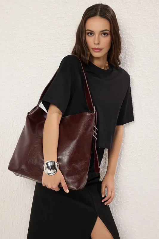 Wrinkled Faux Leather Belt Buckle Pouch Shoulder Bag - WOVCOR