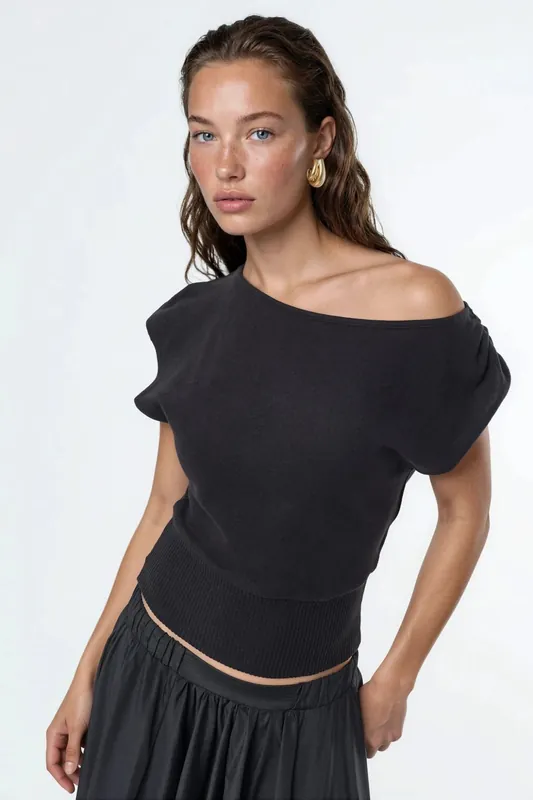 Boat Neck Ribbed Blouse - Busem