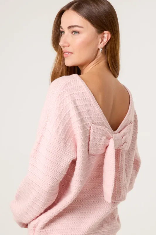 Pink Round Neck Bow Back Detailed Jumper - Blue Vanilla