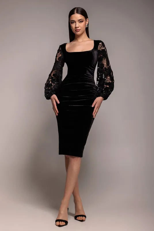 Square Neck Scalloped Crochet Sleeve Velvet Midi Dress - Goddiva