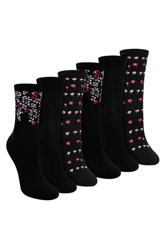6 Pairs Floral Pattern Socks - Soft Cotton Rich Everyday Socks