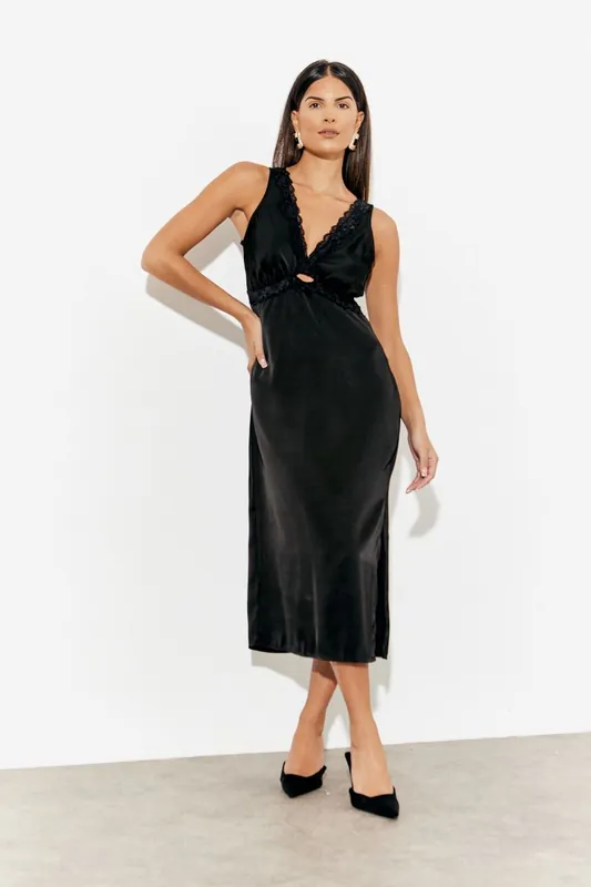 Black Lace Trim Satin Midi Dress - In The Style