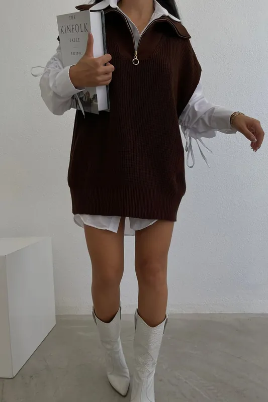 2 Piece Knitted Sweater with Zippered Neck & Shirt Arm Detail - Hiccup