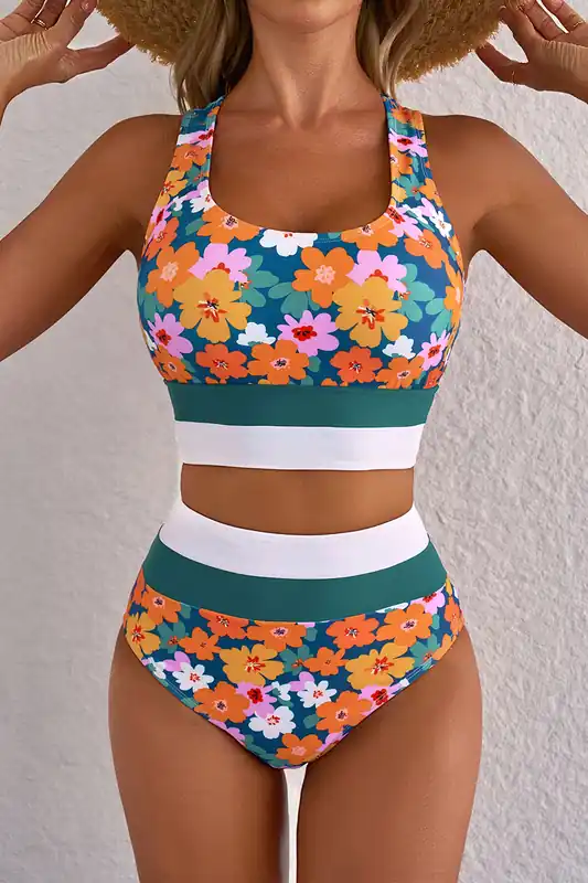 Green Floral Print Racerback Cutout High Waist 2pcs Bikini - Everyday The Label