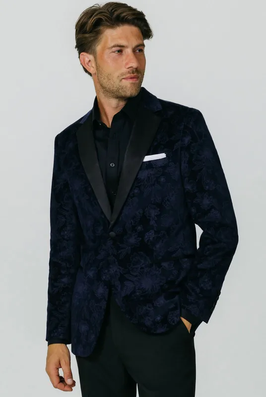 Navy Floral Jacquard Velvet Tuxedo Jacket - Dobell