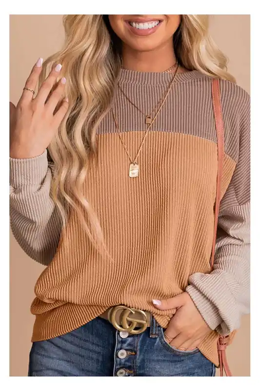 Khaki Color Block Long Sleeve Ribbed Loose Top - Everyday The Label