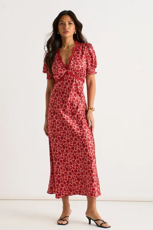 Red Floral Lace Trim V Neck Midi Dress - Gini London
