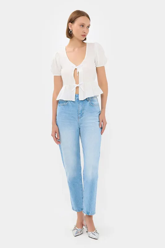 Short Sleeve Tie-Front V-Neck Blouse