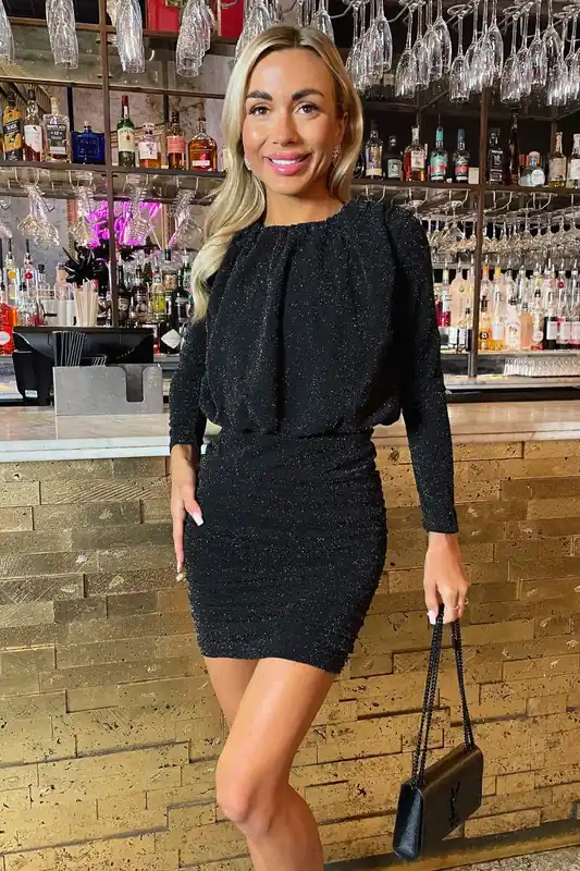 Black Sparkly Long Sleeve Ruched Mini Dress - AX Paris