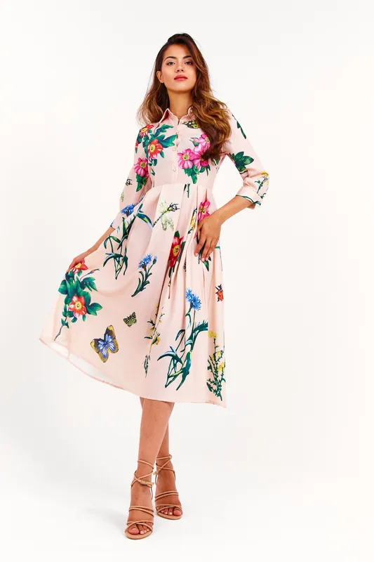 Beige Floral Pleated Midi Dress - LuvForever Fashion