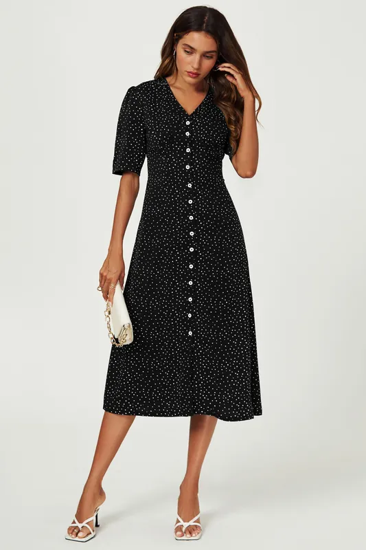 Dot Print Button Front Midi Dress In Black - FS Collection