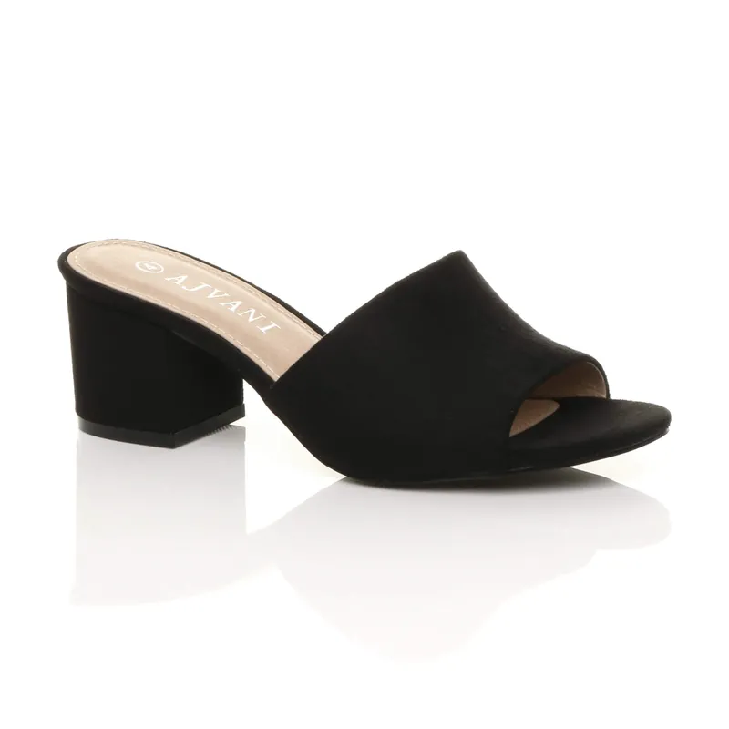 Mid Block Heel Peep Toe Mules Sandals - AJVANI