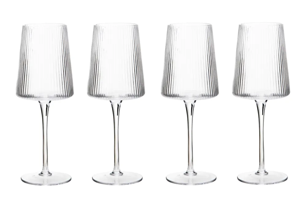 Sturdy Set of Four Ribbed Wine Glasses,430ml Crystal Glassware With Tall Stem,Stylish Goblet With Sleek Base - Orsina