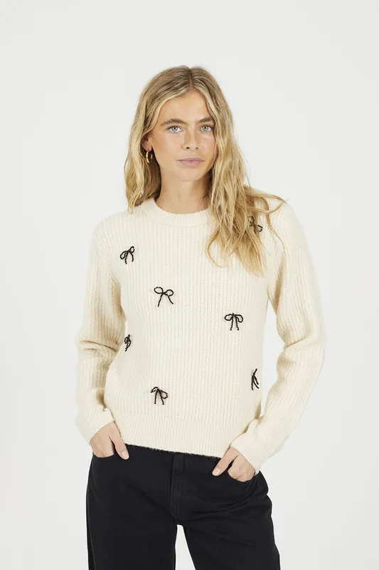 Crew Neck Jumper With Jewel Bow Detail - Brave Soul