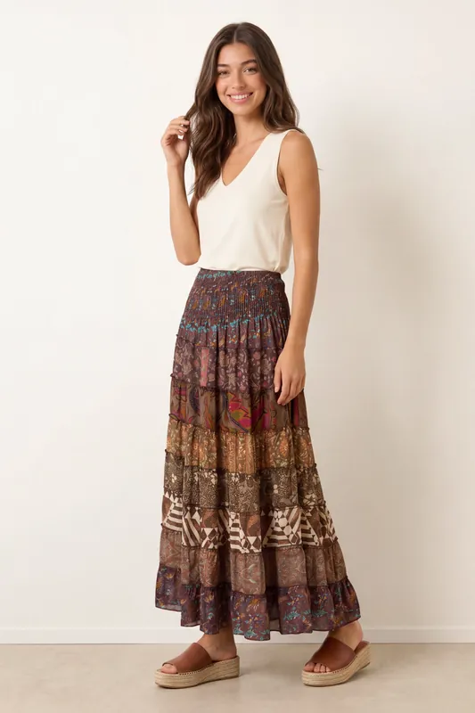 Brown Multi Print Shirred Skirt - Blue Vanilla