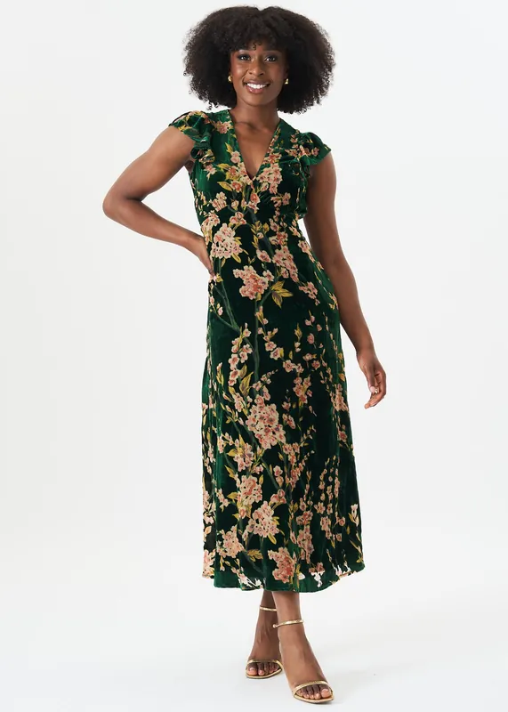 Green Floral Devore Ruffle V Neck Midaxi Dress - Gini London
