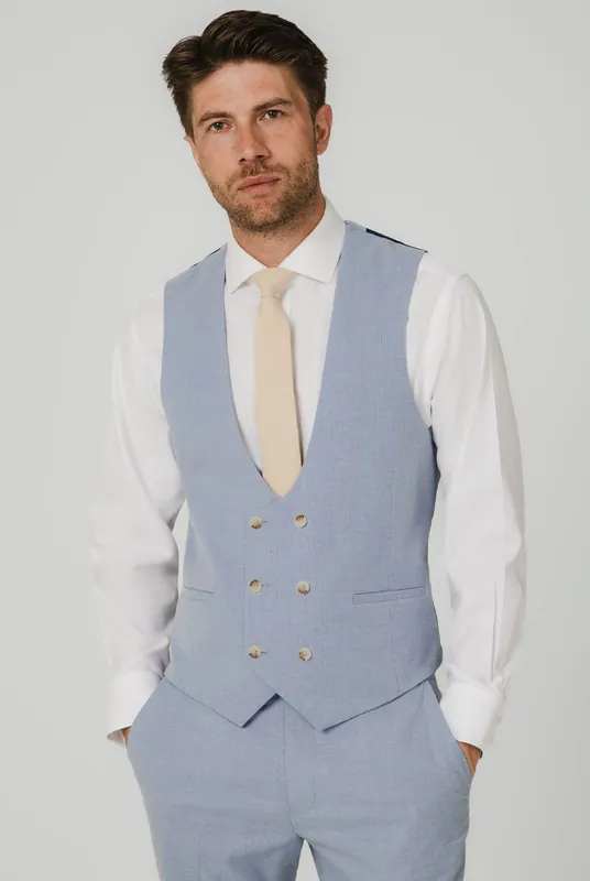 Light Blue Hopsack Double Breasted Waistcoat - Dobell