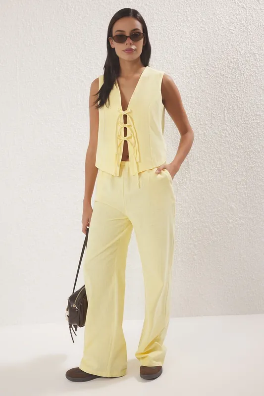 2-Piece Tie Front Linen-Look Blouse & Wide Leg Pants Set