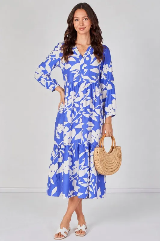 Blue Blossom Tiered Smock Midaxi Dress - Love Sunshine