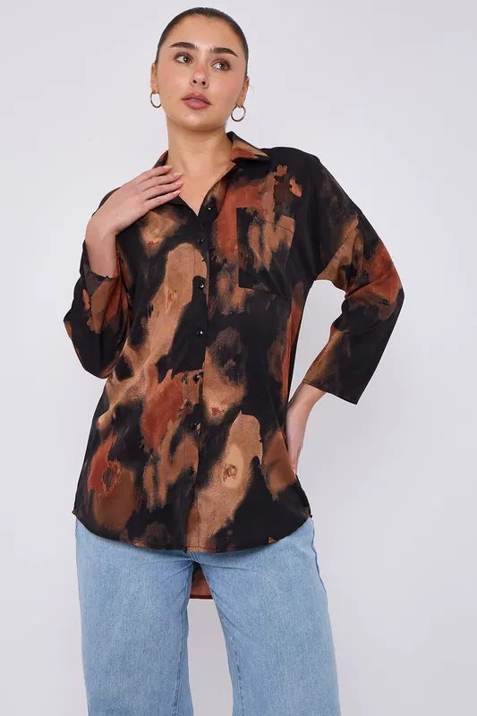 Rust and Black Brushstroke Print Oversized Shirt - Love Sunshine