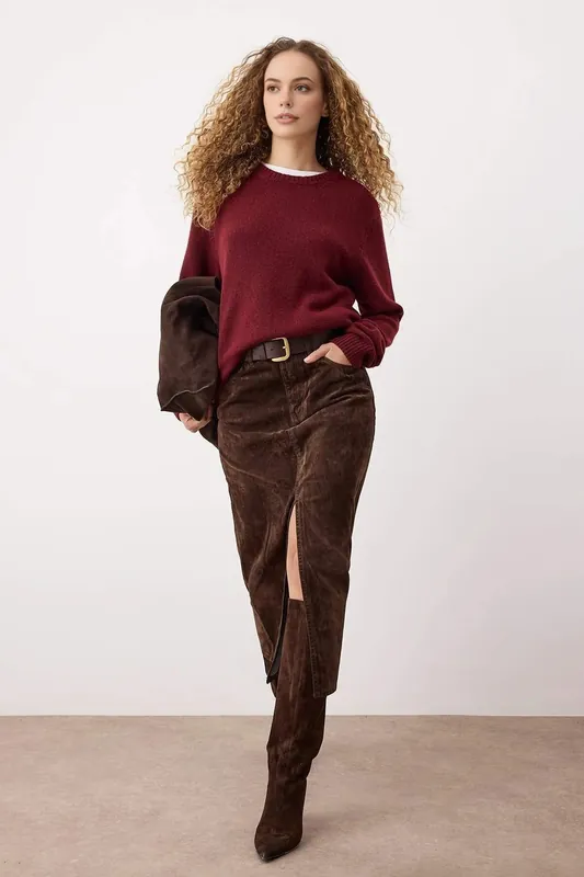 Suede Finish Midi Denim Skirt - WOVCOR
