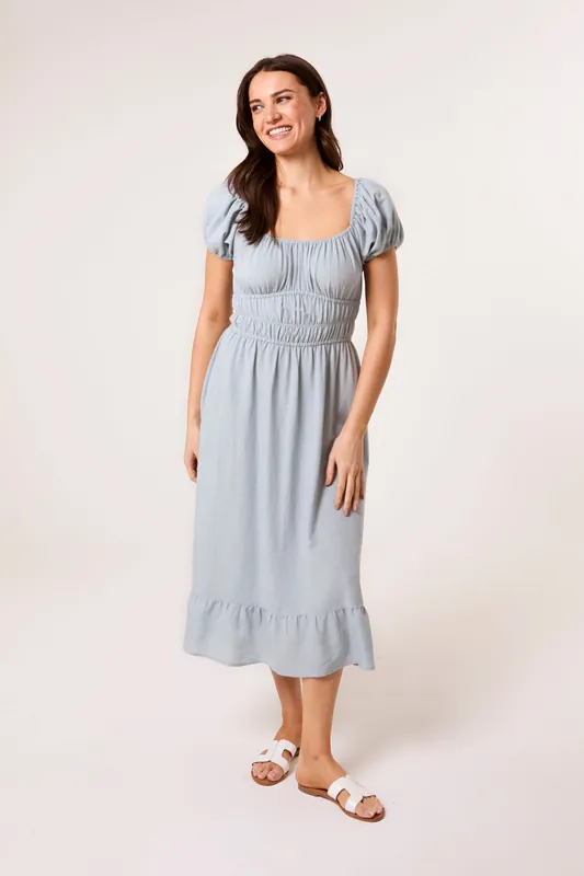 Blue Puff Sleeve Shirred Panel Dress - Blue Vanilla