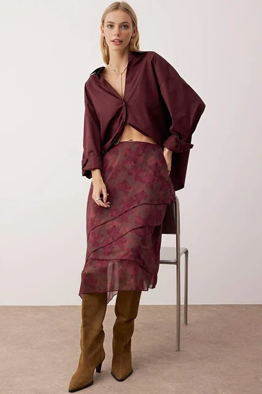 Abstract Print Ruffle Detail Knit Midi Skirt - WOVCOR