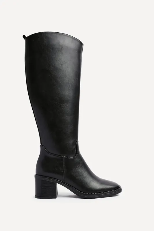 Brandy Black Faux Leather High Leg Block Heeled Boot - Linzi