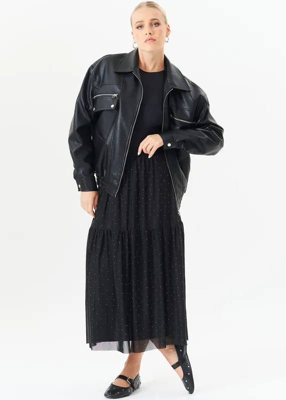 Black Diamante Mesh Maxi Skirt - Gini London