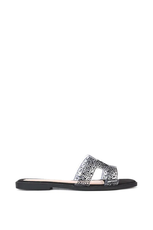 Patsy' Square Toe Slip On Diamante Slider Sandal Shoes - XY London