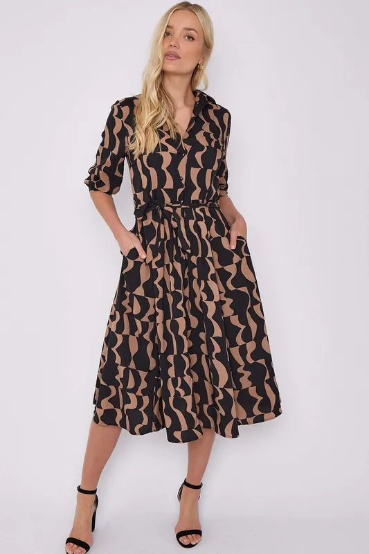 Geometric Printed Half Sleeve Midi Shirt Dress - Love Sunshine