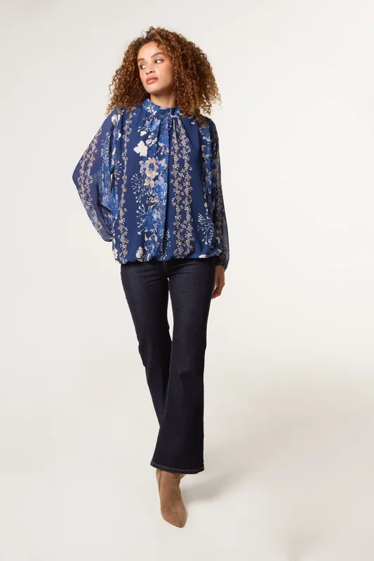 Navy High Neck Puffball Floral Blouse - Blue Vanilla