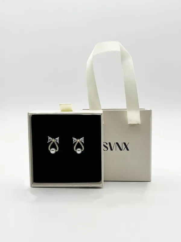 Studded Bow Earrings with Hanging Pearl in Gold - Gift Boxed