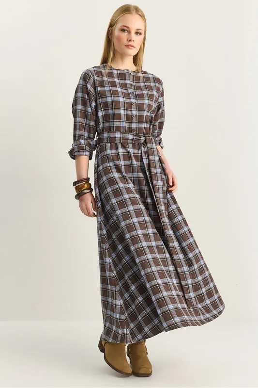 Plaid Midi Dress with Belt - Bianco Lucci