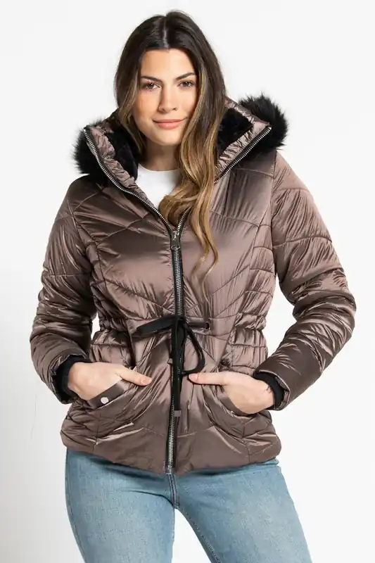 High Shine Quilted Jacket With Faux Fur Trim Hood - Tokyo Laundry